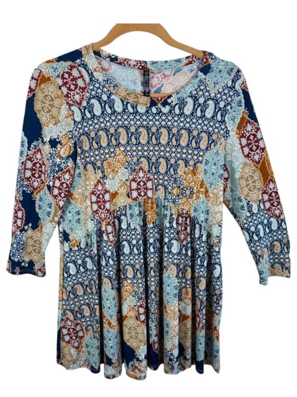 Glitzy Girlz Colorful 3/4 Sleeve Stretchy Flowy Boho Blouse Women's Size S